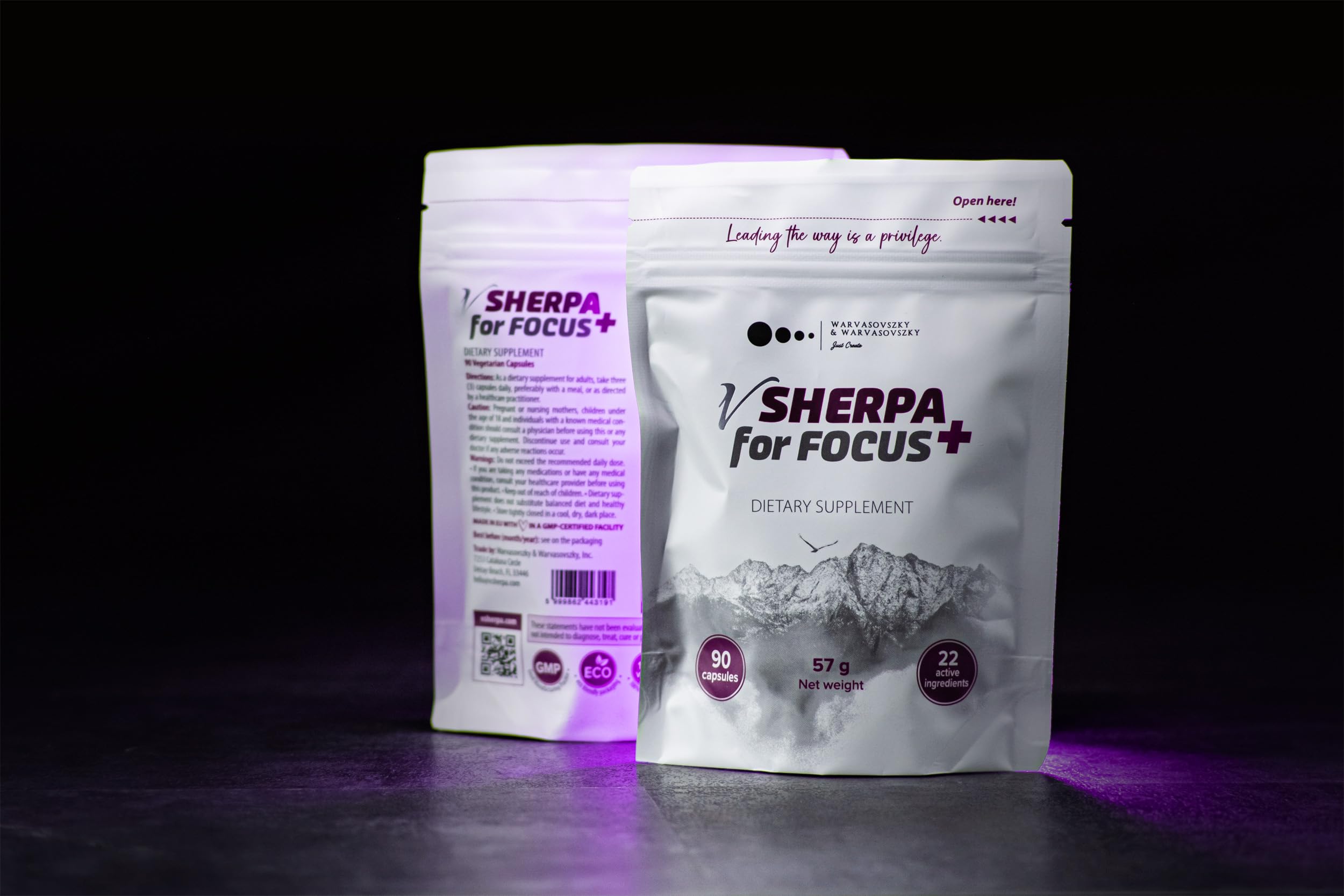 vSherpa Focus+ ingredients close-up showing omega-3 and herbal blend.