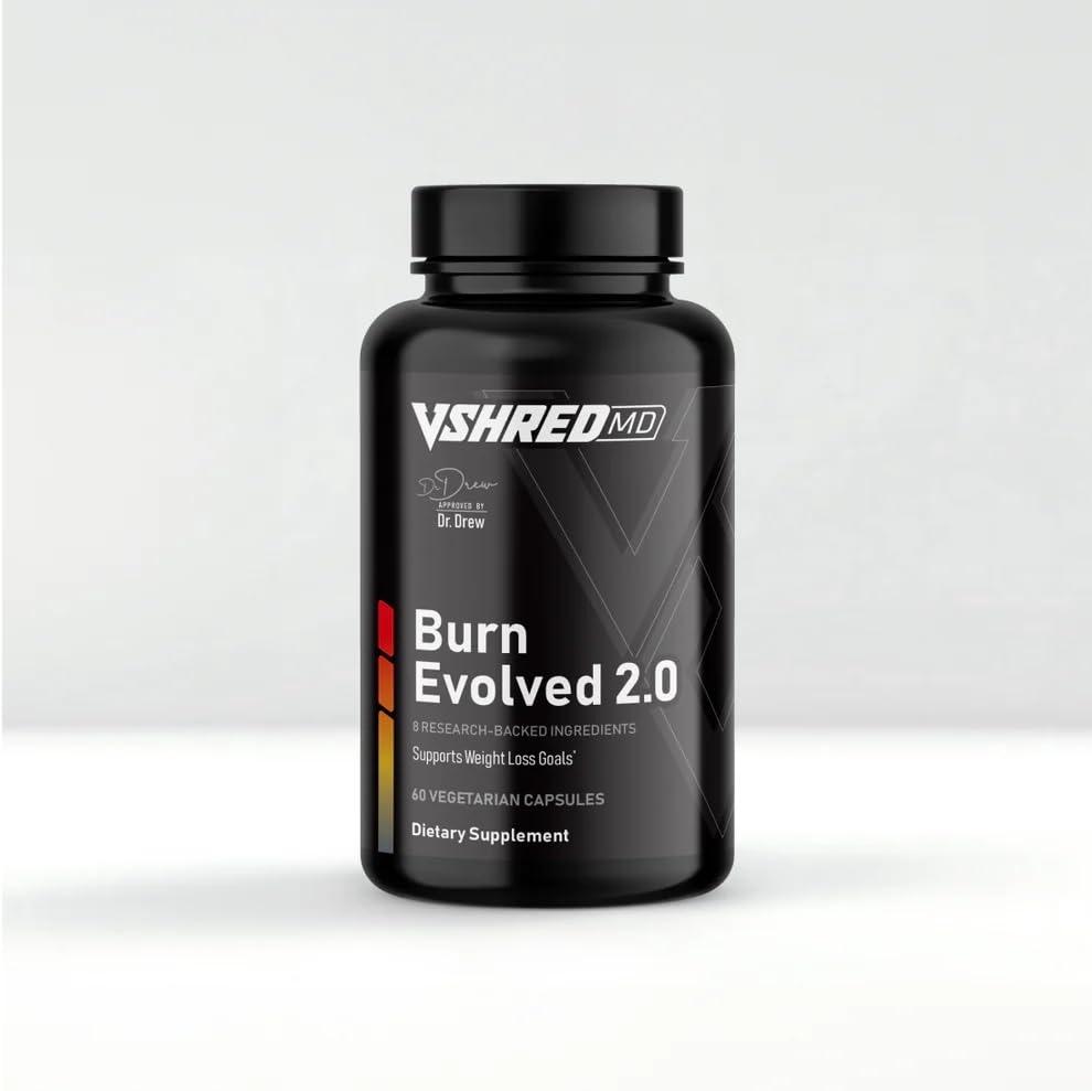 VShred MD Burn Evolved 2.0 bottle front showing sleek packaging for energy support and metabolism