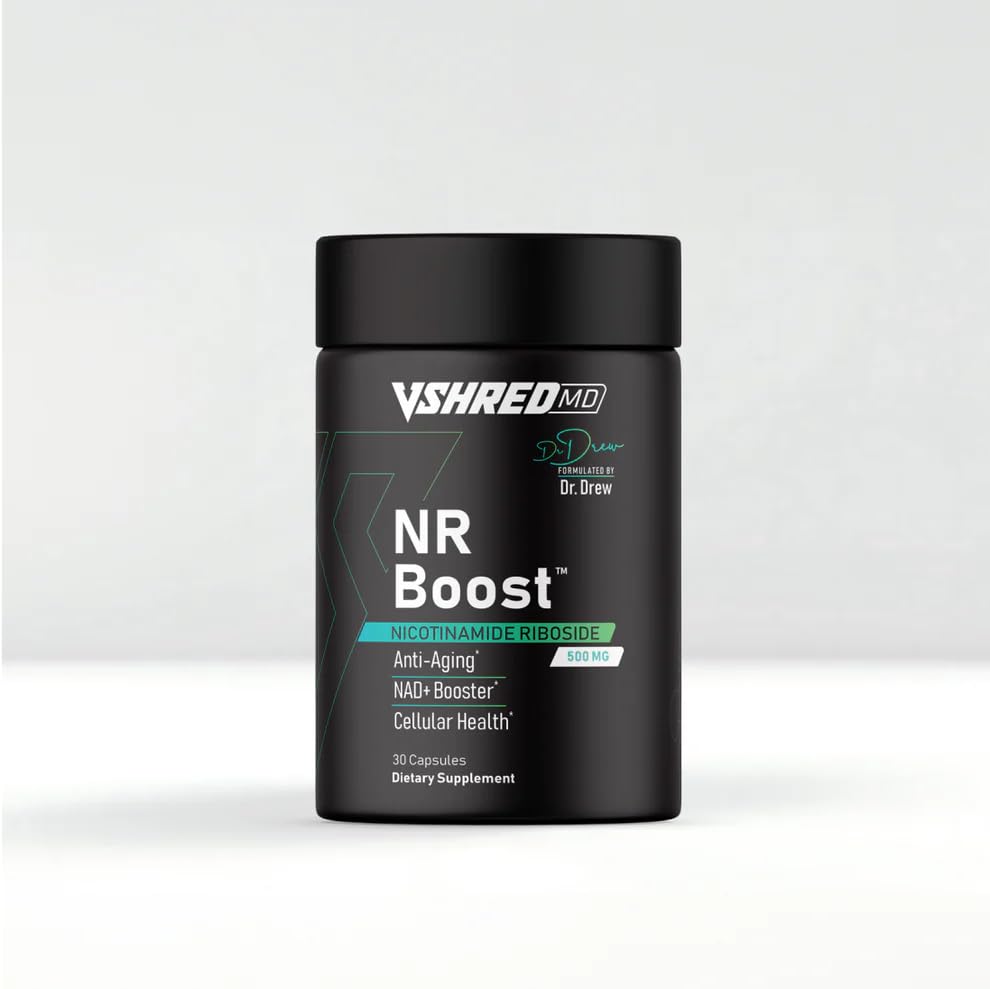 V Shred MD NR Boost bottle with capsules for daily energy support.