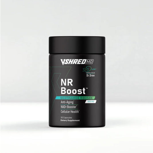 V Shred MD NR Boost bottle with capsules for daily energy support.