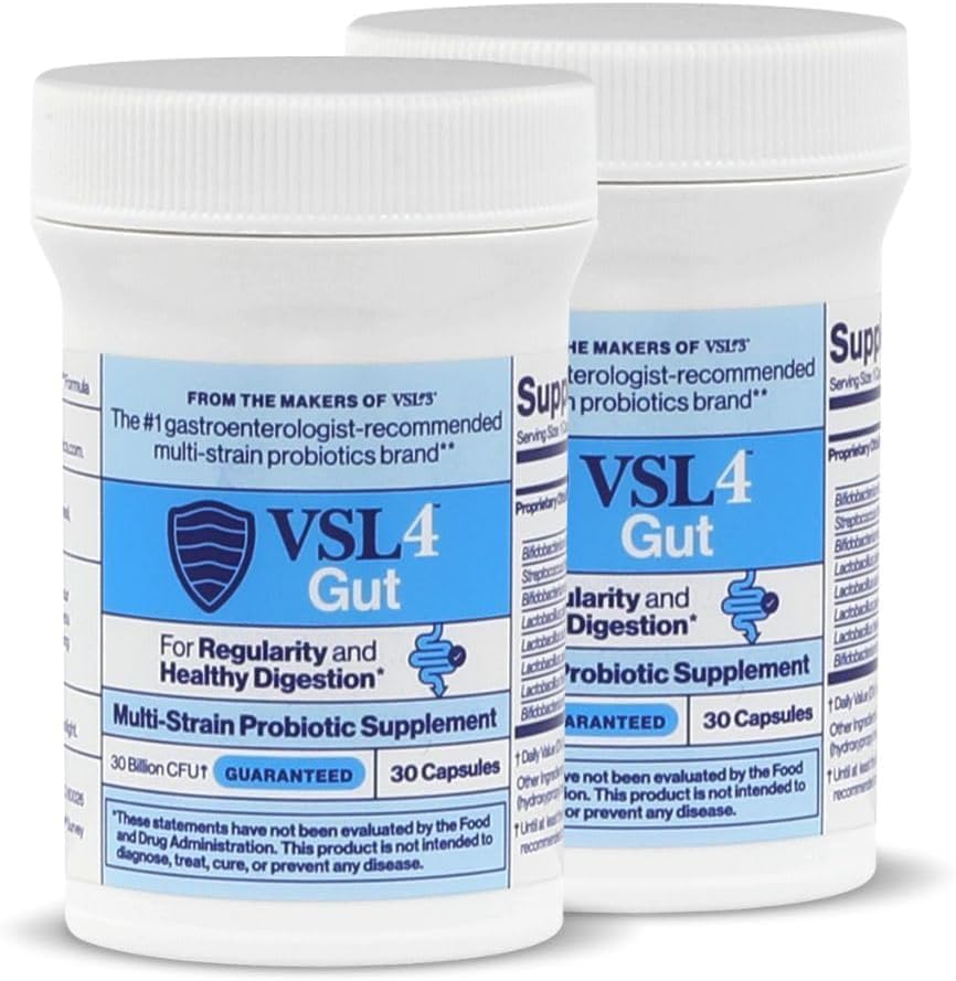 VSL4 Gut Daily Probiotics bottle on shelf promotes digestive balance.
