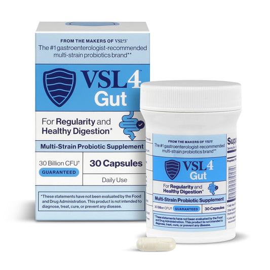 VSL4 Gut Daily Probiotics bottle showing 30 capsules for daily digestive balance