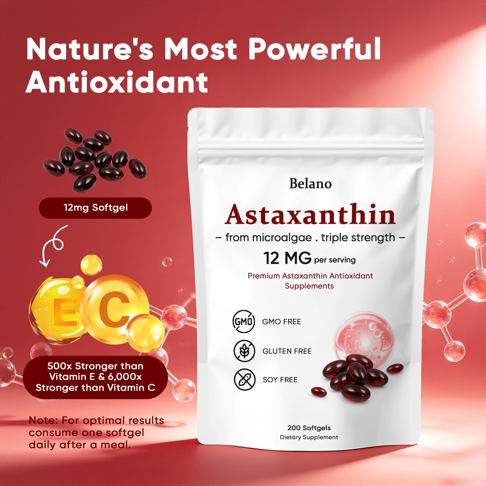 VSXAZ Astaxanthin 12mg softgel closeup emphasizing skin hydration.