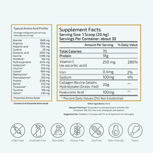 Collagen powder scoop beside the tub, ideal for easy daily dosing.