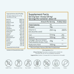 Collagen powder scoop beside the tub, ideal for easy daily dosing.