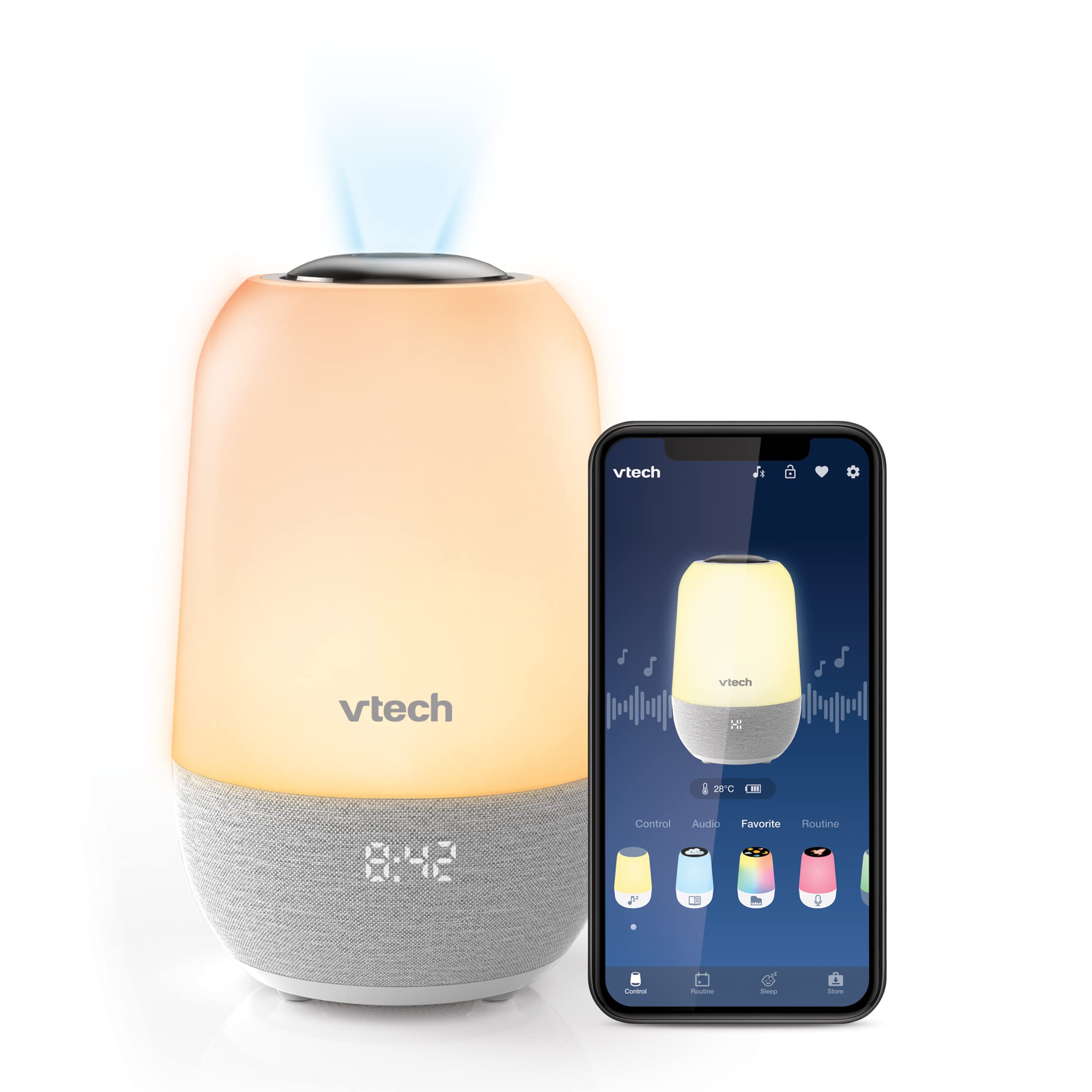 VTech V-Hush front view showing compact sleep trainer for home use.