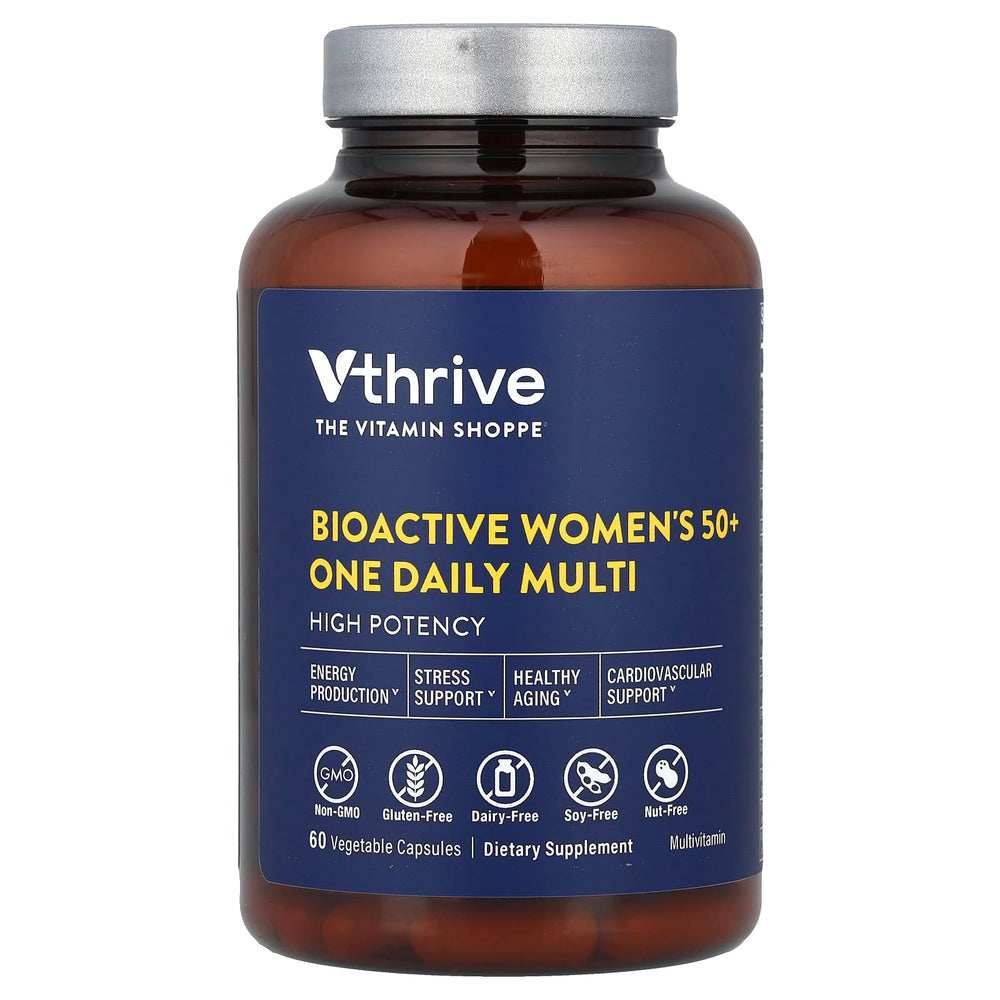 Vthrive Once-Daily Bioactive Multivitamin bottle for women 50+ supports daily wellness.