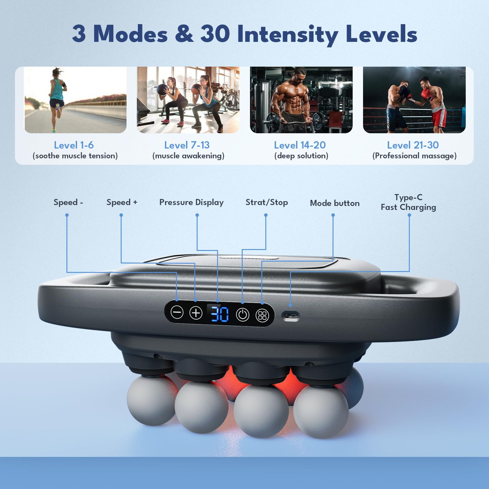 VTT 8-head massage gun ergonomic handle for comfortable grip.