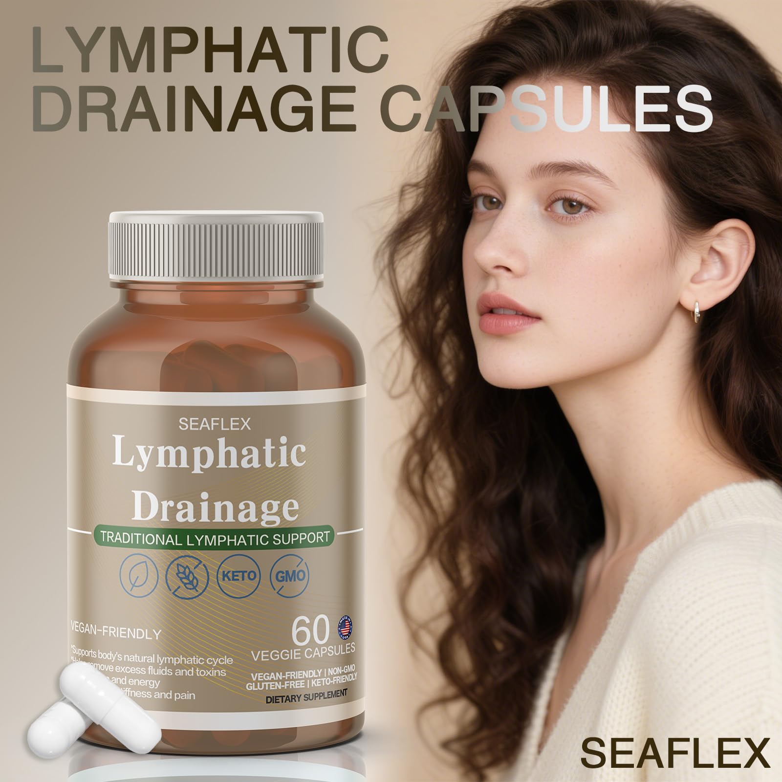 Vunexo capsule bottle close-up highlighting gluten-free and non-GMO claims