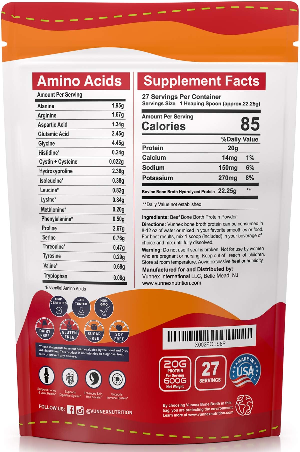 Close-up of VUNNEX bone broth protein powder highlighting hydrolyzed collagen.