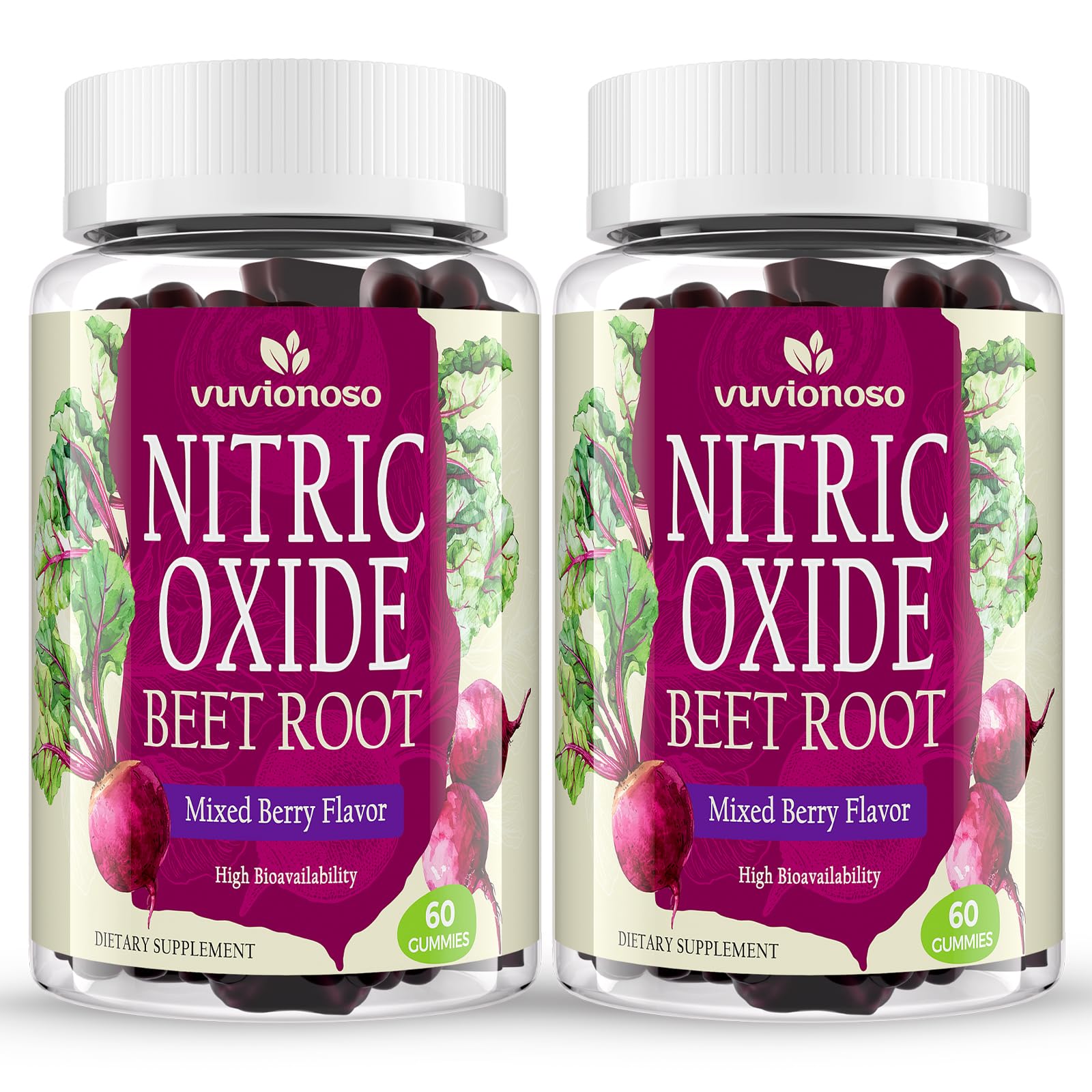 Vuvionoso Beet Root Gummies bottle with 60 sugar-free chews for daily stamina.