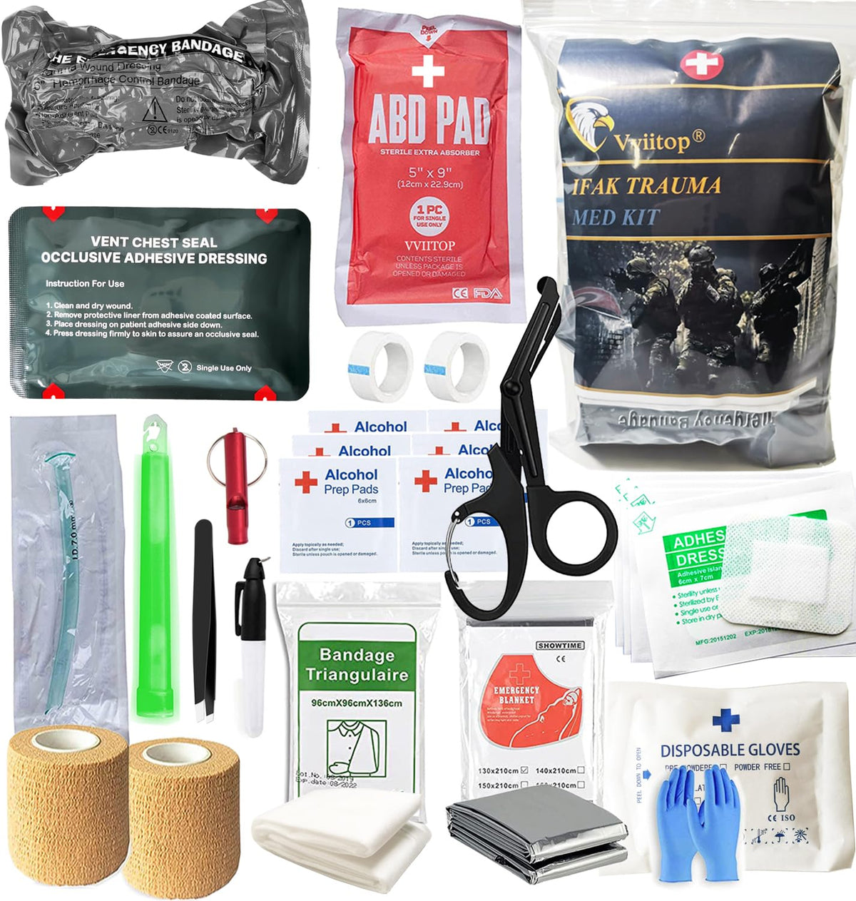 Vviitop trauma kit with vented chest seal for field bleeding control
