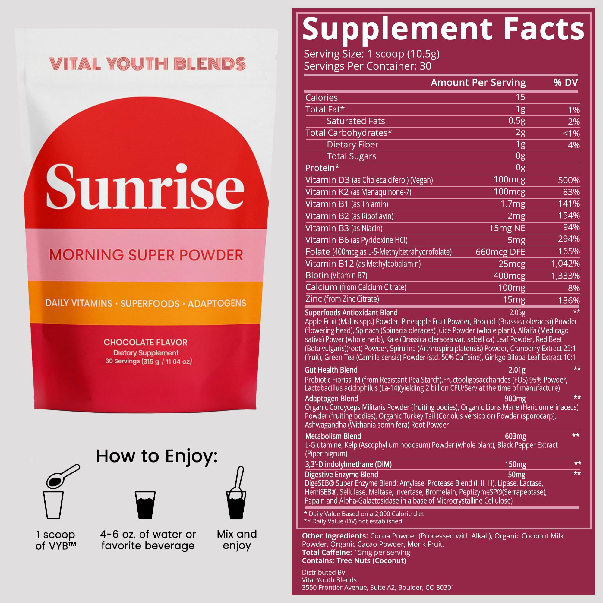 VYB probiotic adaptogen blend close-up highlighting gut support.