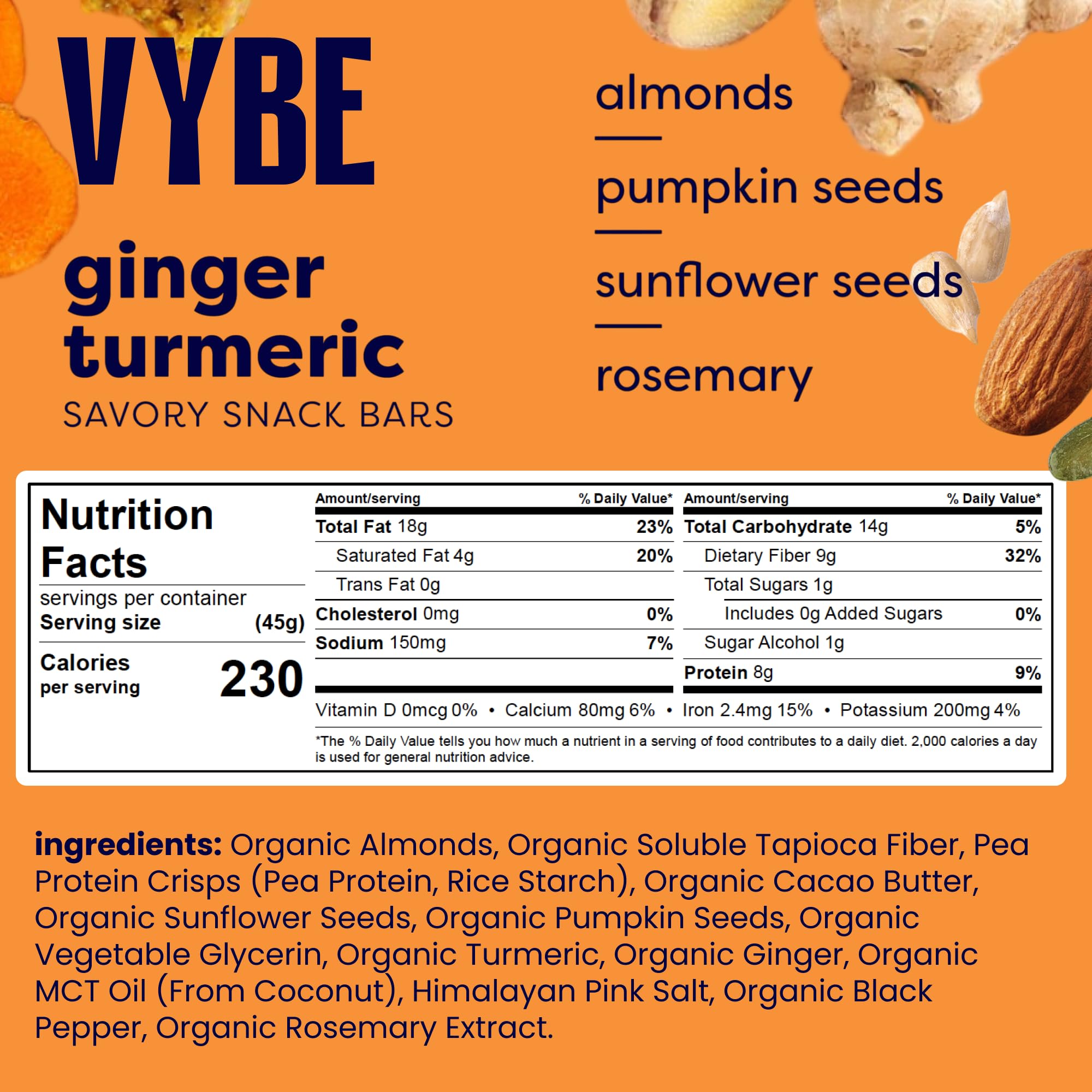 Vybe Savory nutrition bar plant-based ingredients shown for a quick energy lift