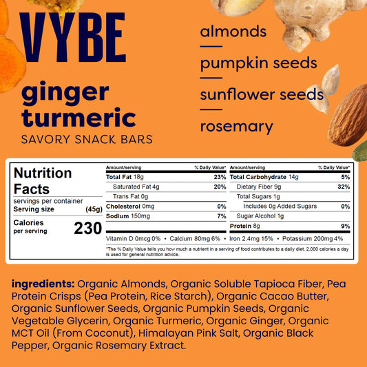 Vybe Savory nutrition bar plant-based ingredients shown for a quick energy lift