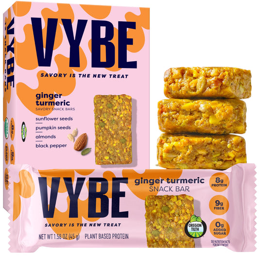 Vybe Savory turmeric ginger bar pack highlights plant-based nutrition and bold flavor