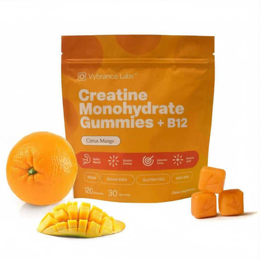 VYBRANCE LABS Creapure Gummies bottle with 5g creatine for workouts.