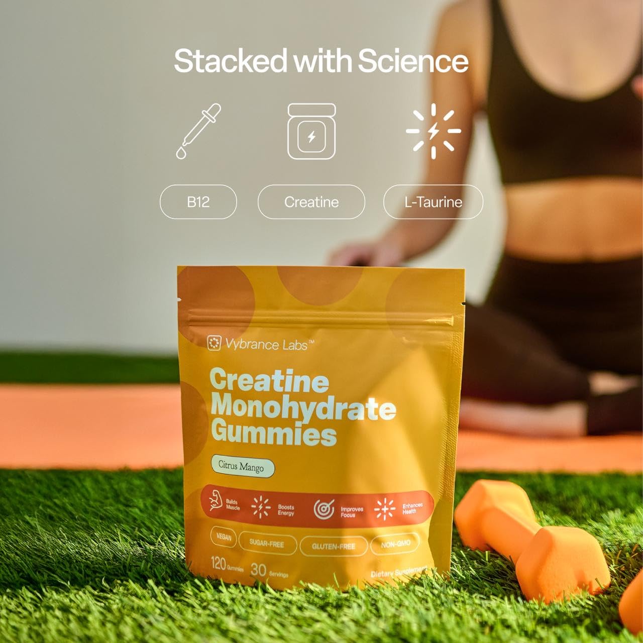 Ingredient panel showing taurine and B12 for energy during training.