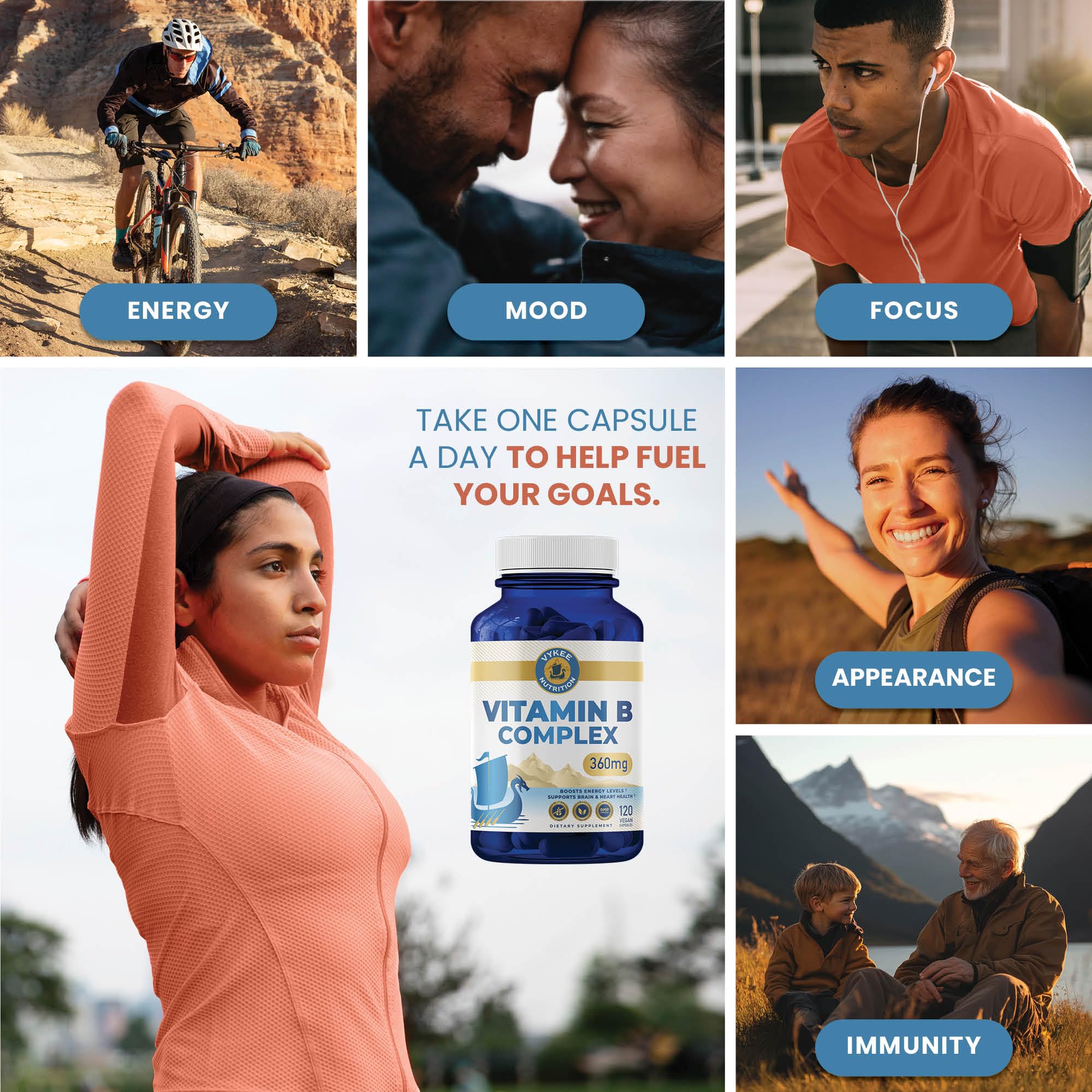 Vykee Nutrition B Complex label and packaging emphasizing purity and sourcing transparency