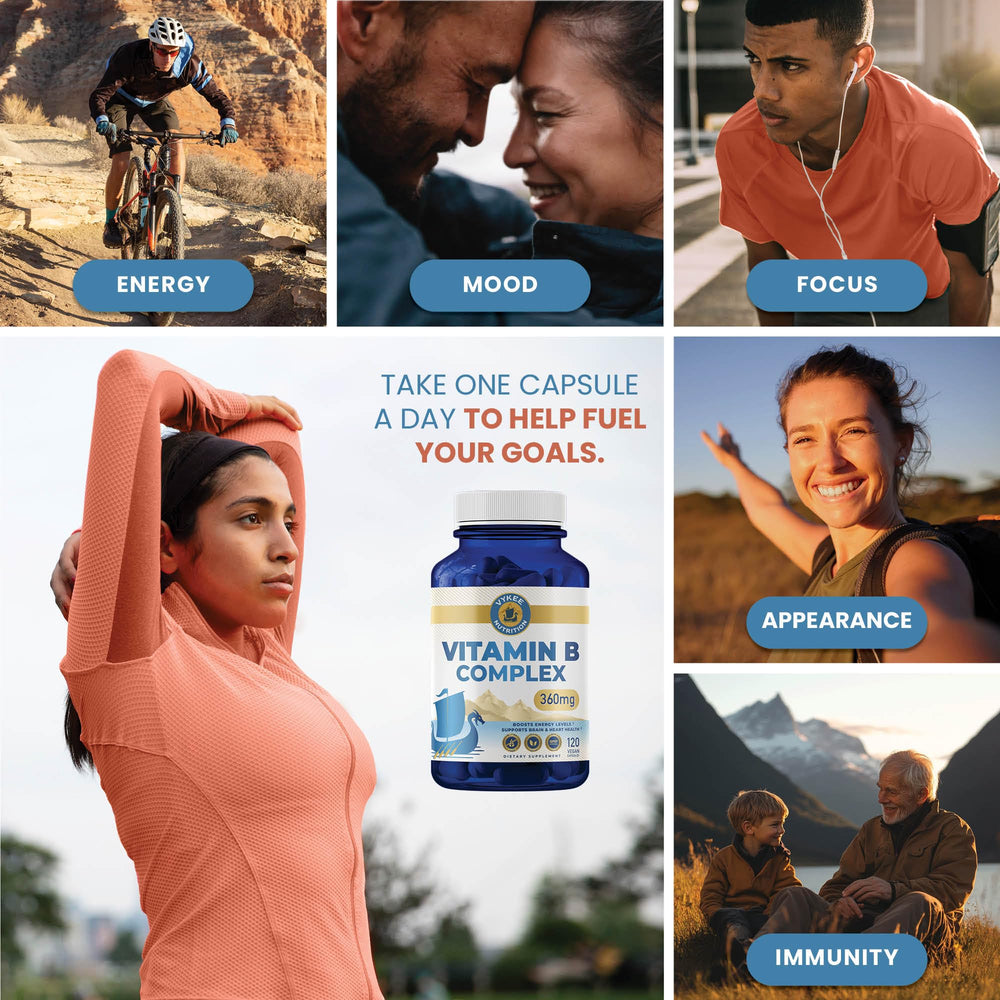 Vykee Nutrition B Complex label and packaging emphasizing purity and sourcing transparency