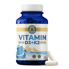Vykee Nutrition D3 K2 Complex bottle label showcases vegan potency for calcium support.