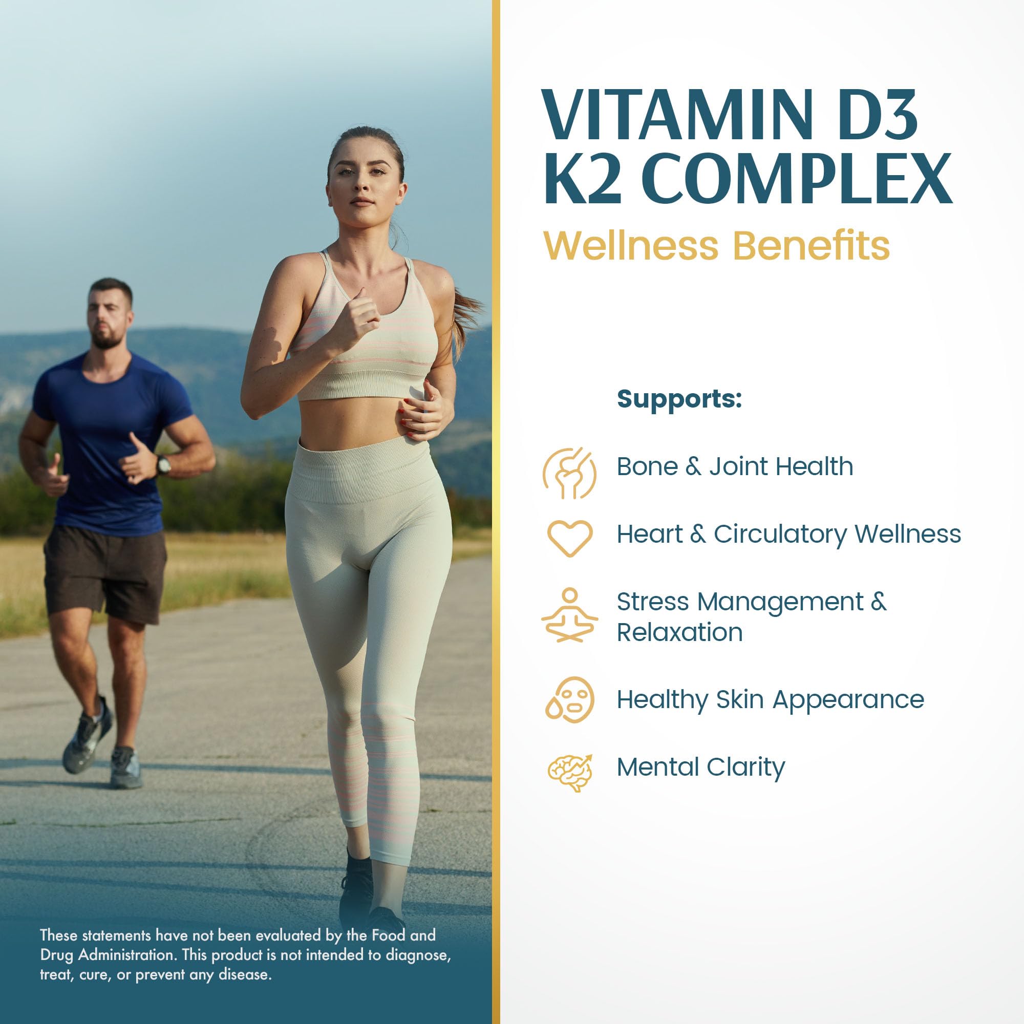 Vykee Nutrition D3 K2 Complex bottle with glass of water for daily use.
