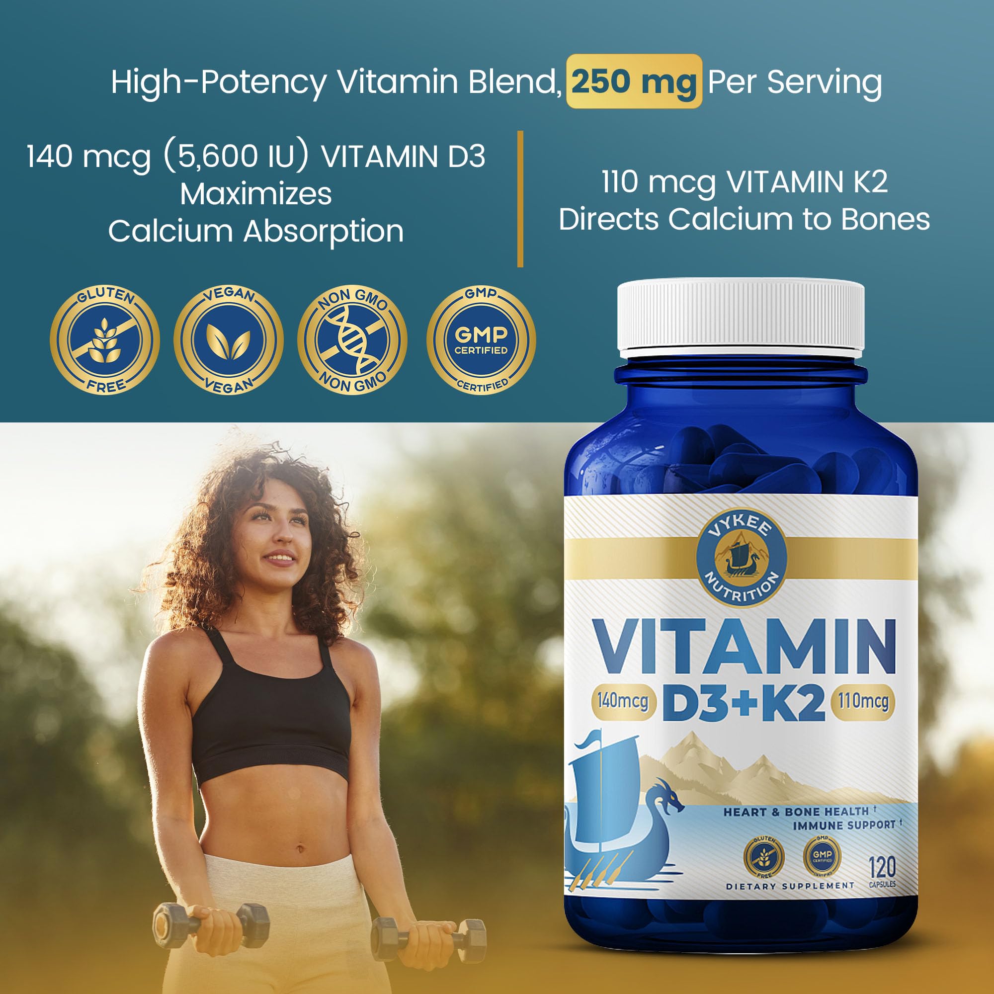 Vykee Nutrition D3 K2 Complex ingredient panel reveals vegan non-GMO formula.