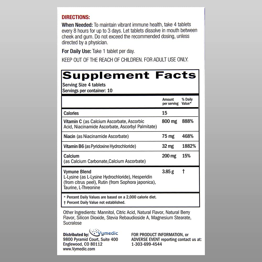 VYMUNE berry-flavor tablets close-up, tasty daily immune support.