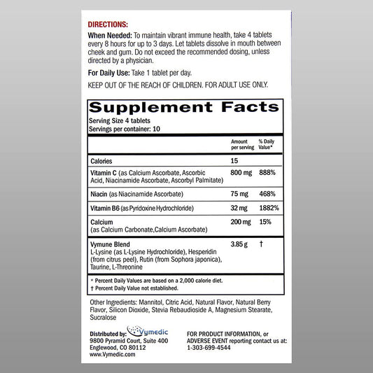 VYMUNE berry-flavor tablets close-up, tasty daily immune support.