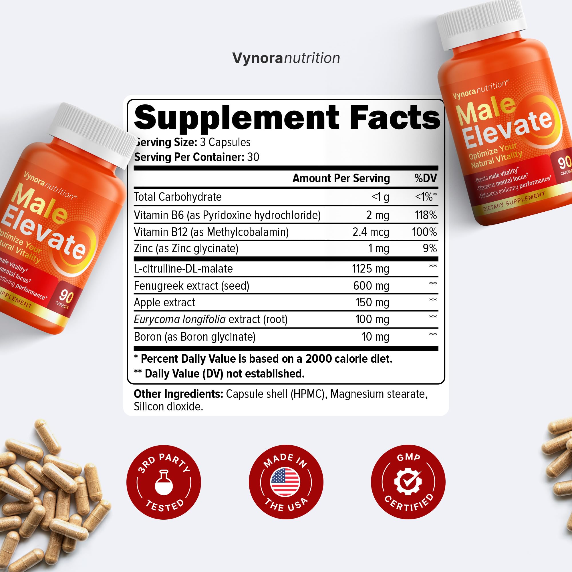 Vynora Testosterone Booster label close-up highlighting potency and quality