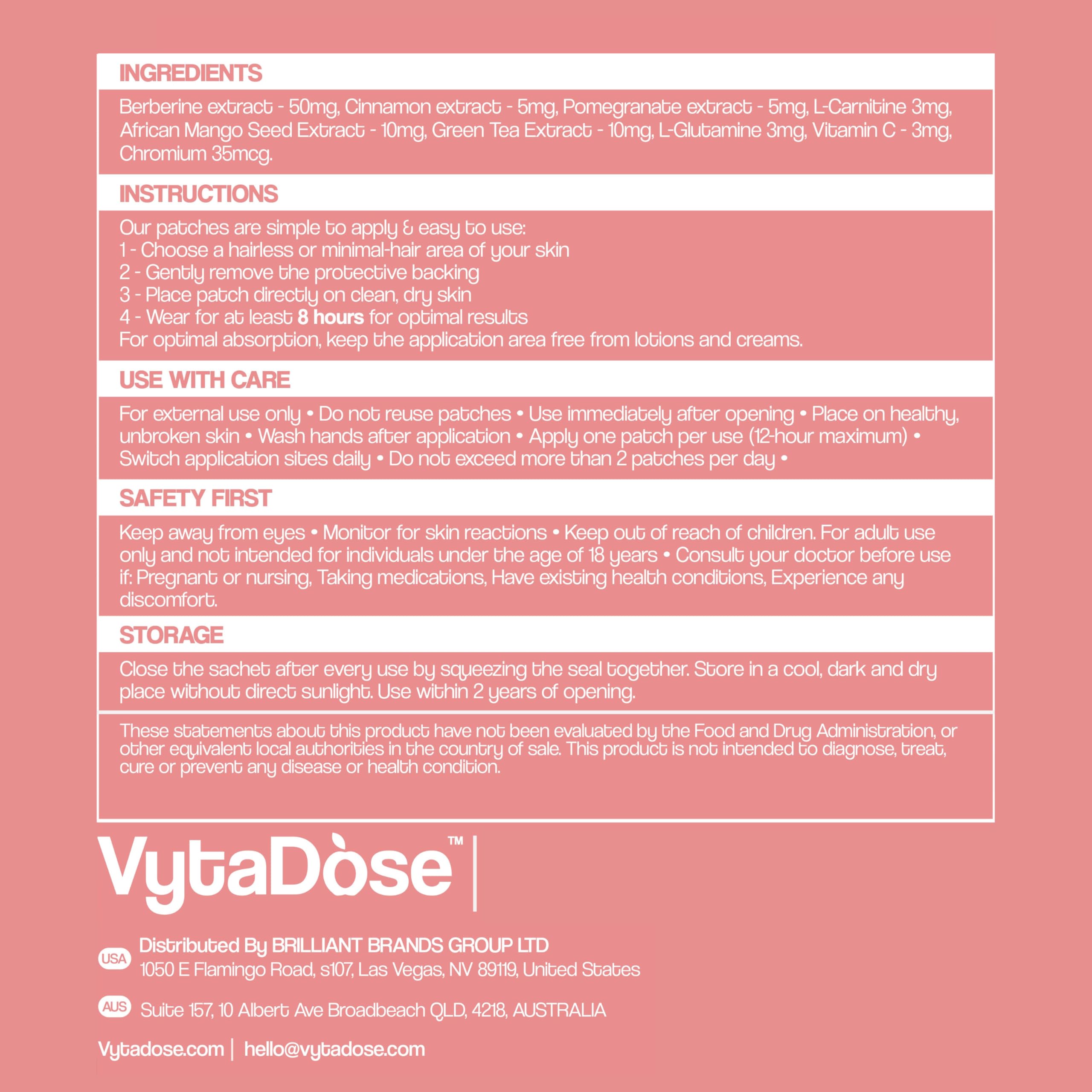 Vytadose Berberine Patch travel-friendly resealable pouch on a desk.