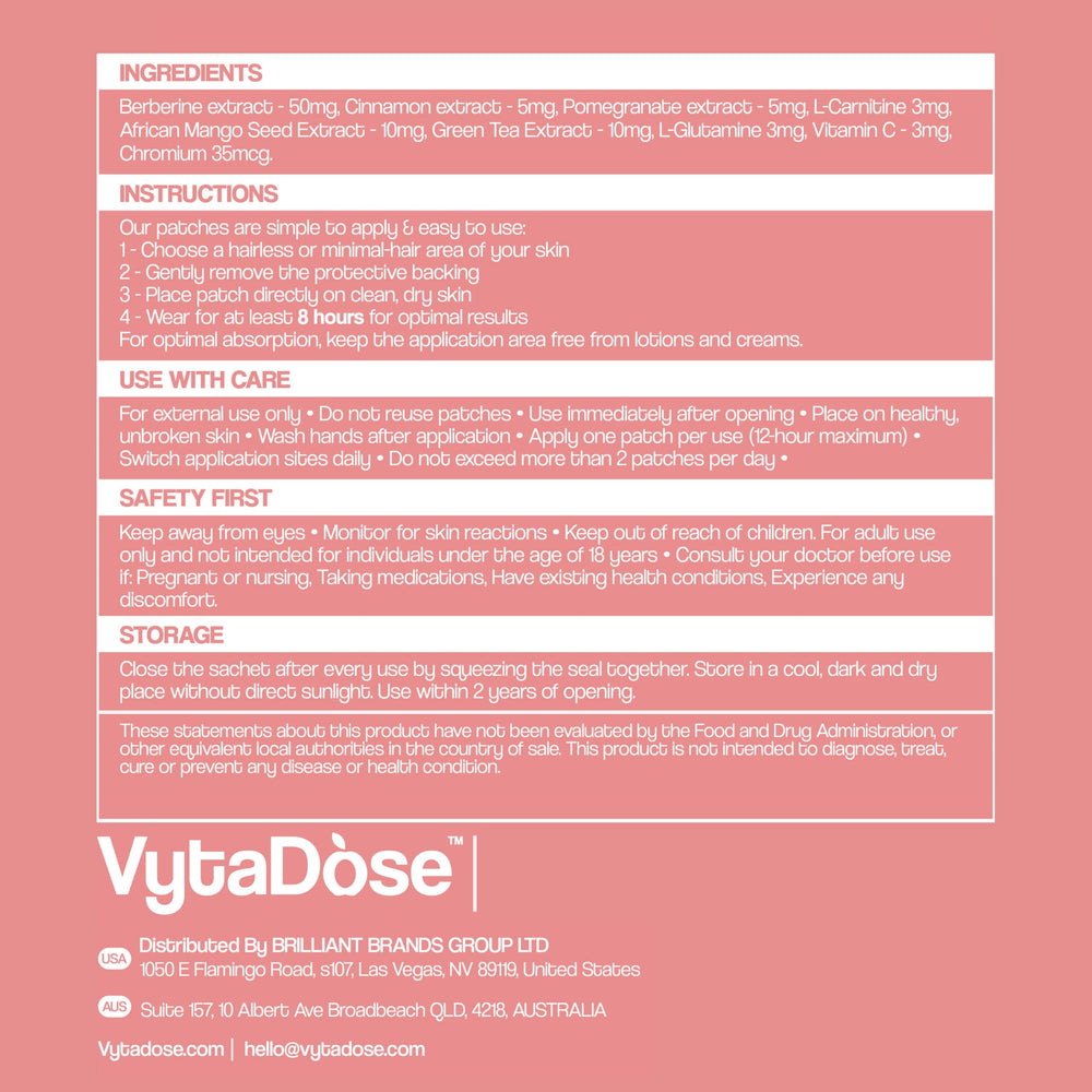 Vytadose Berberine Patch travel-friendly resealable pouch on a desk.