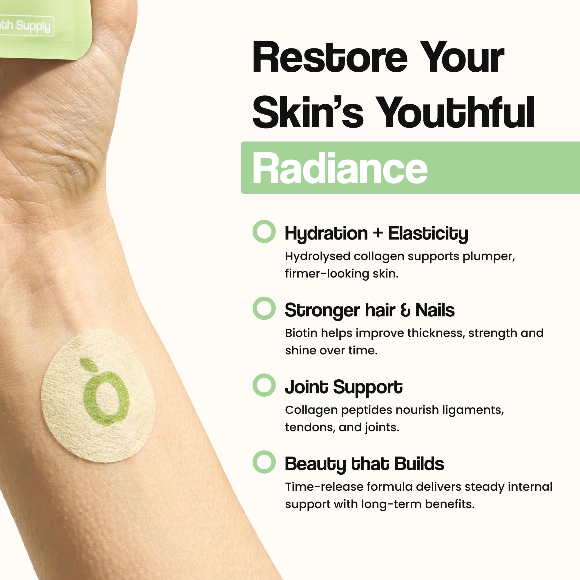 Close-up of Vytadose patches ingredients label for skin and hair support.