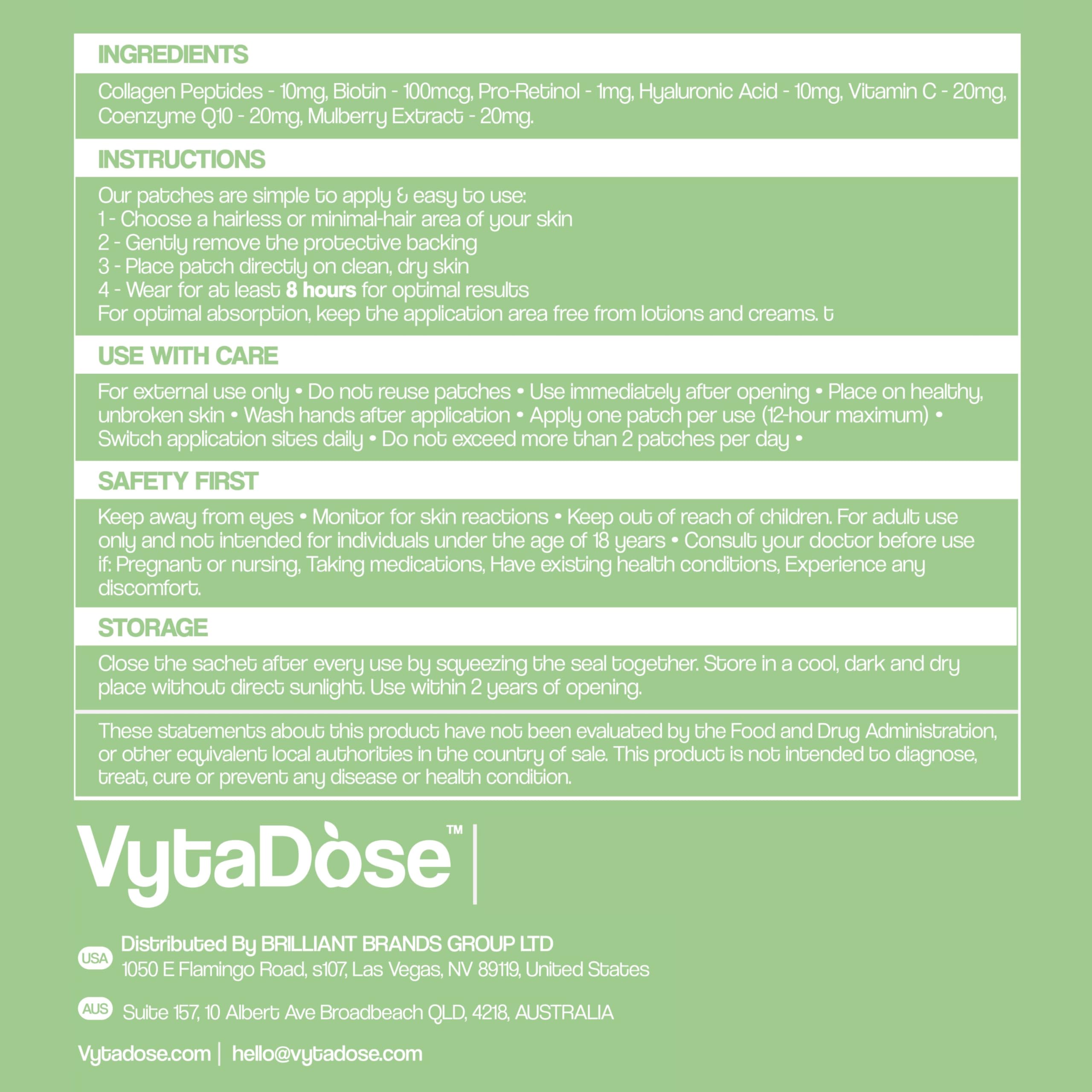 Vytadose Collagen Glow Patches promoting skin and hair vitality.