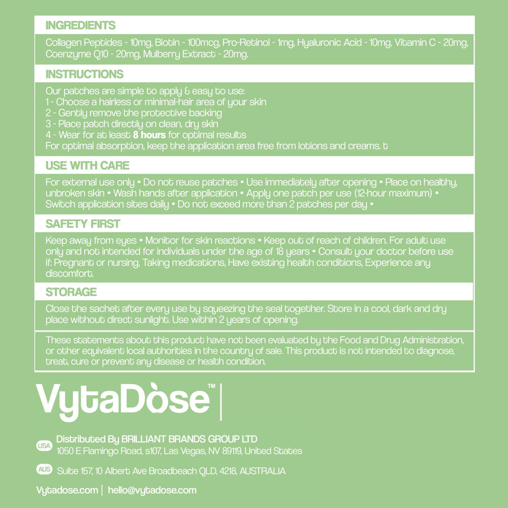 Vytadose Collagen Glow Patches promoting skin and hair vitality.