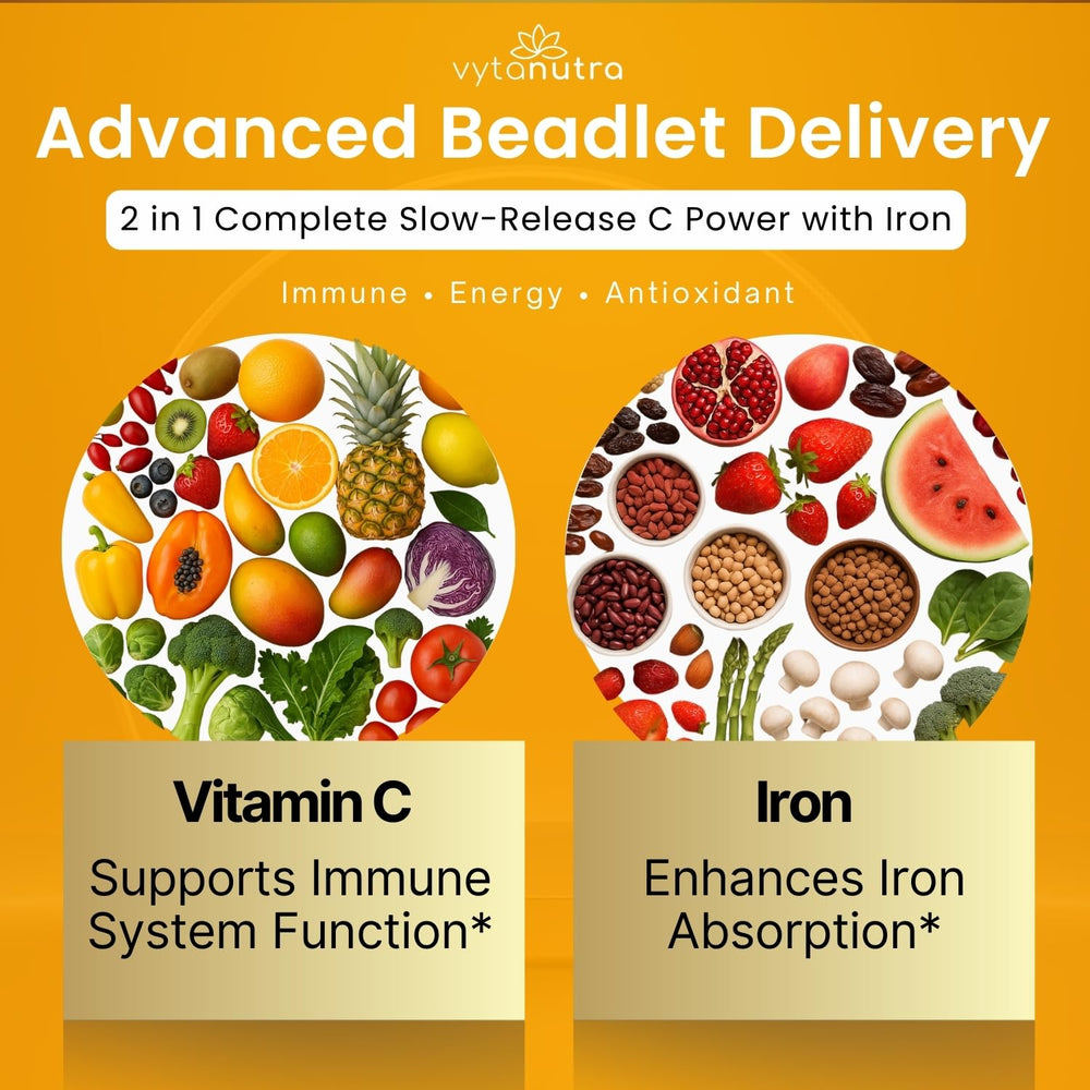 Vytanutra Immune Support Vitamin C beadlets inside bottle shelf-stable