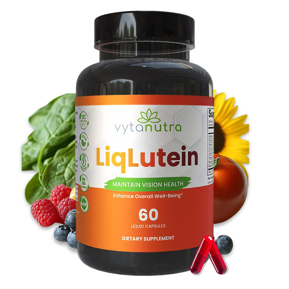 Vytanutra Liquid Lutein bottle label close-up for eye support.