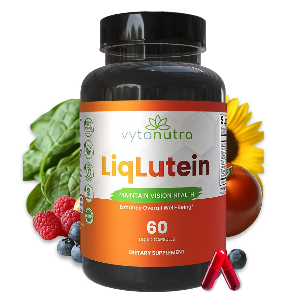 Vytanutra Liquid Lutein bottle label close-up for eye support.