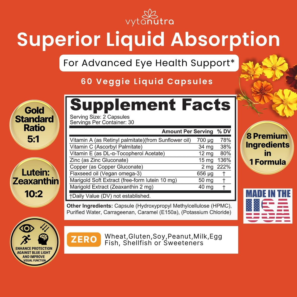 Vytanutra Liquid Lutein pour with dropper showing fast-absorption delivery.