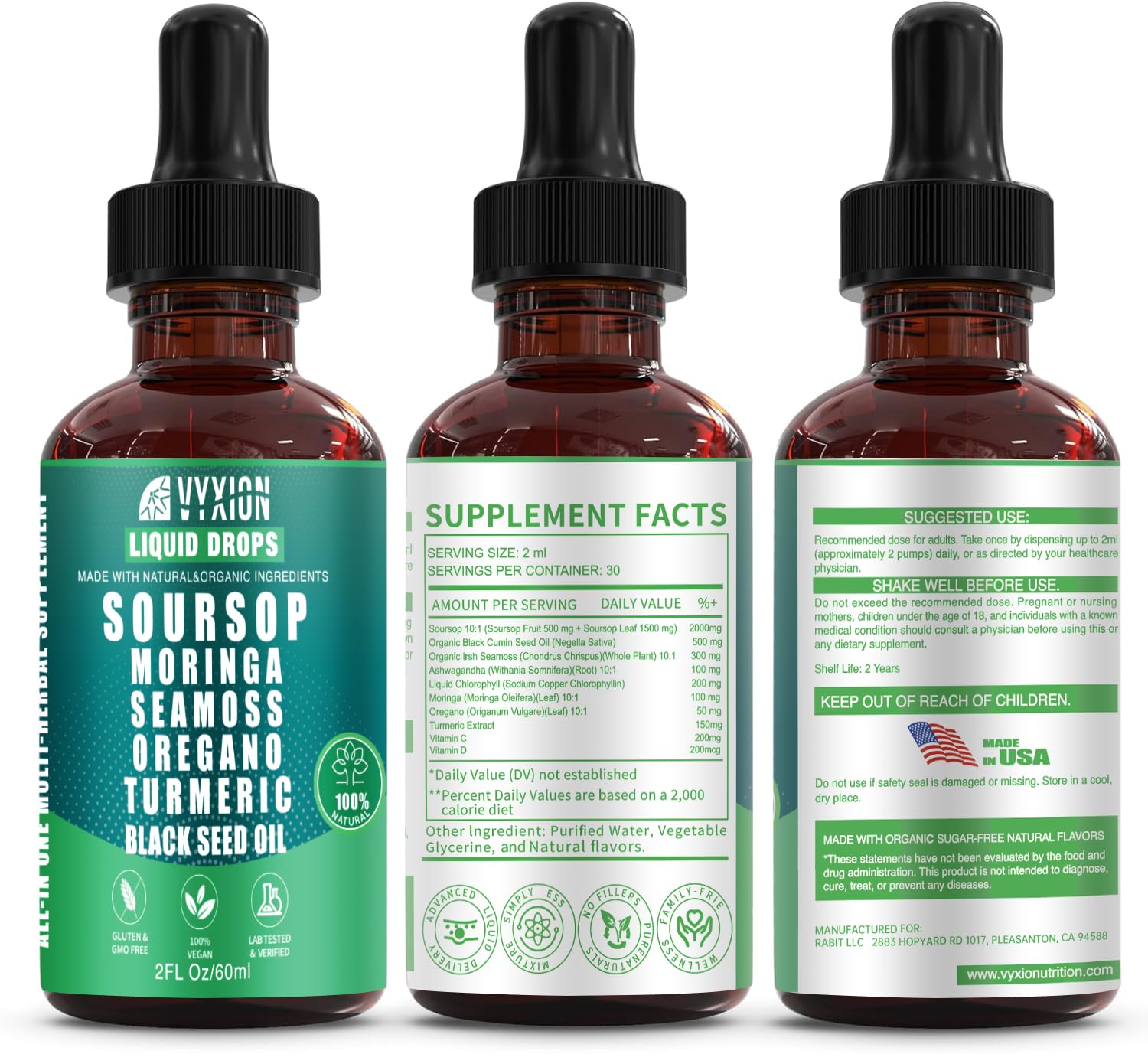 Vyxion Soursop 10-in-1 ingredients label highlighting plant-based blend.
