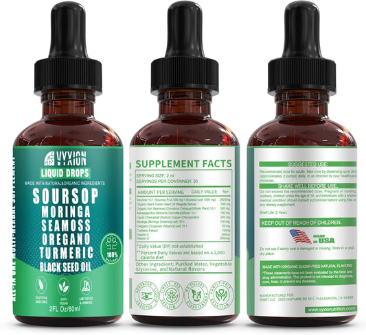 Vyxion Soursop 10-in-1 ingredients label highlighting plant-based blend.