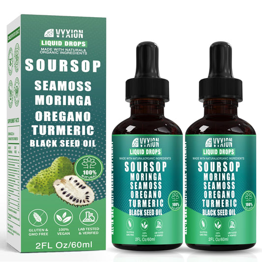 Vyxion Soursop Drops bottle with vibrant green liquid for daily wellness.