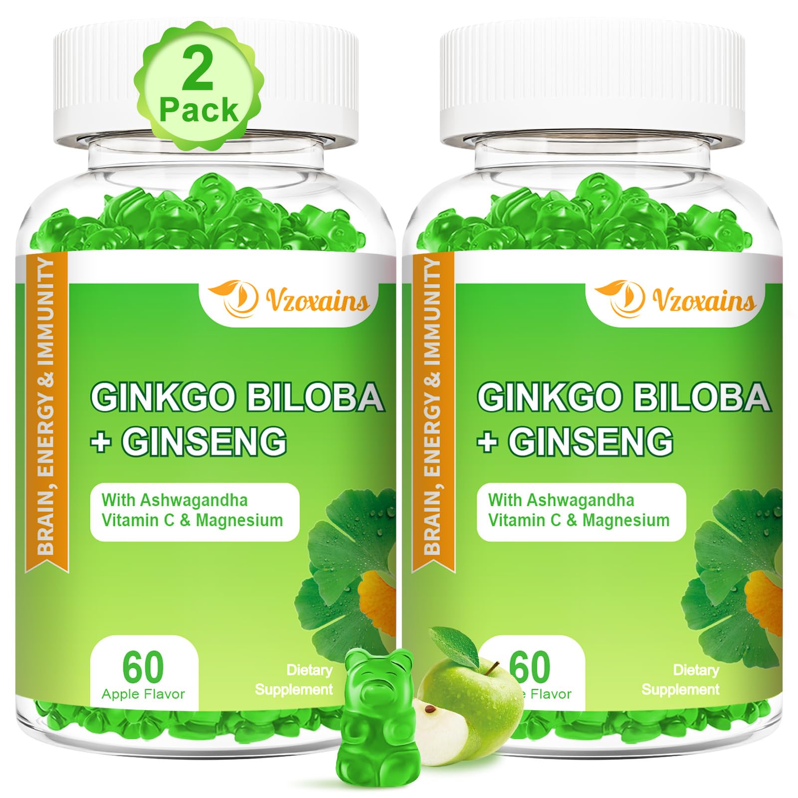 VZOXAINS bottle front with apple-flavored gummies for daily brain support.