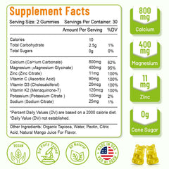VZOXAINS calcium-magnesium-zinc-d3 gummies closeup highlighting an 8-in-1 wellness formula.