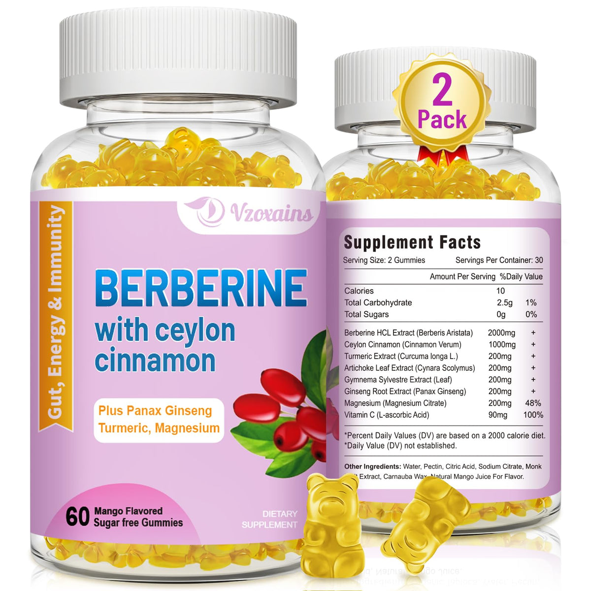 VZOXAINS berberine cinnamon gummies packshot highlighting potency for daily immune support