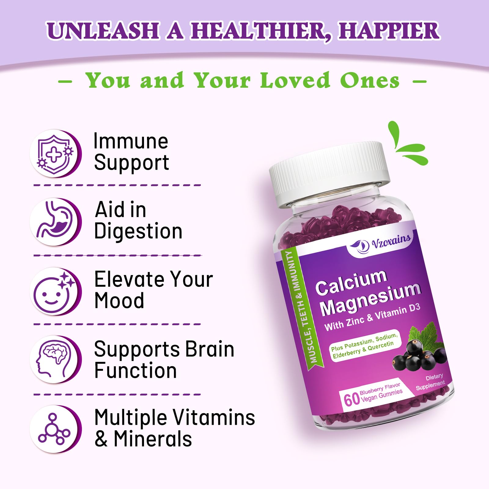 VZOXAINS Gummies ingredients image emphasizes magnesium glycinate and vitamin D3 benefits