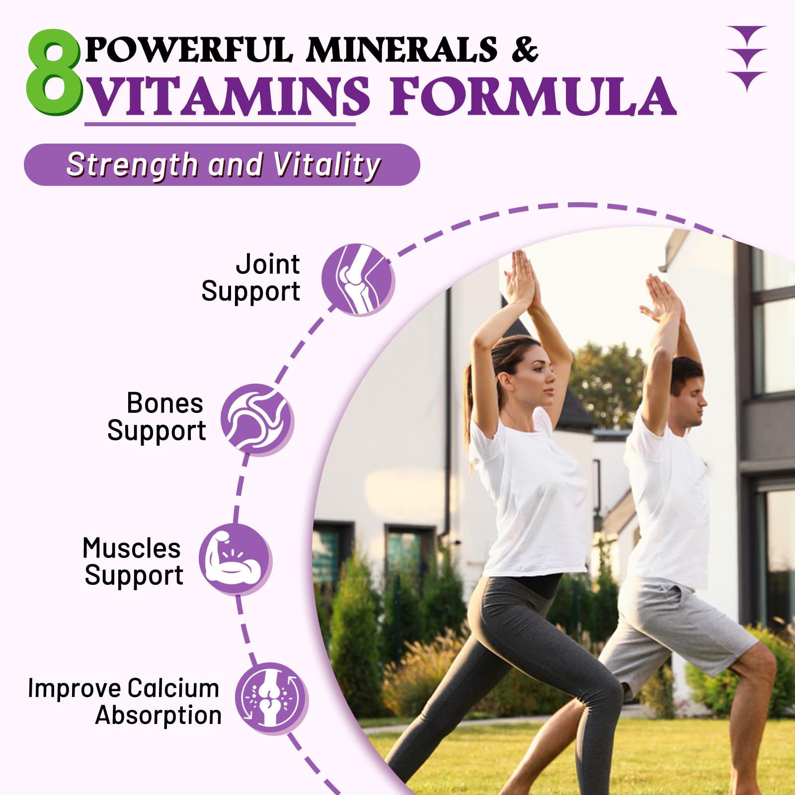 VZOXAINS Calcium Gummies label highlights the 8-in-1 formula for balanced nutrition