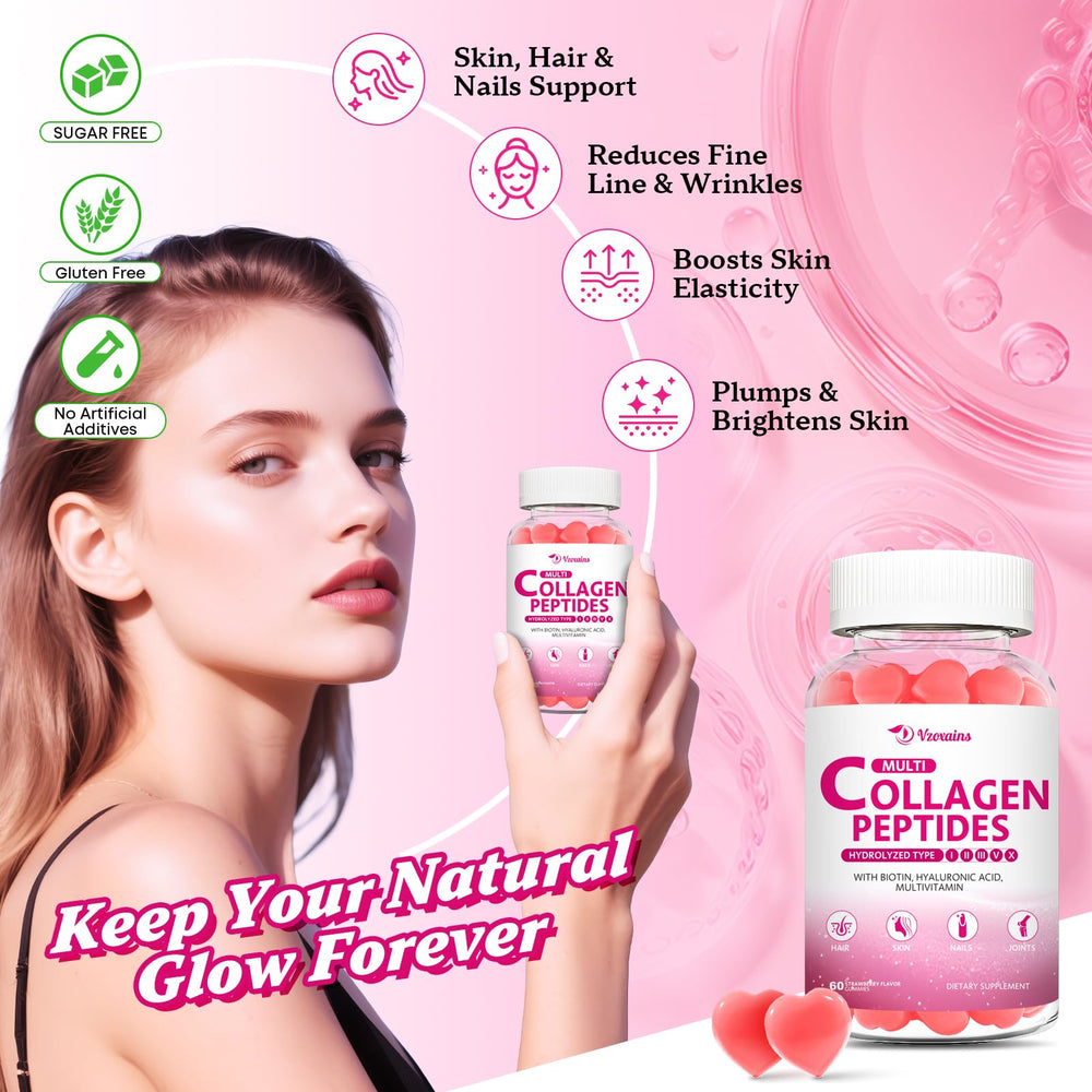 VZOXAINS ingredients panel features collagen types I–X and biotin