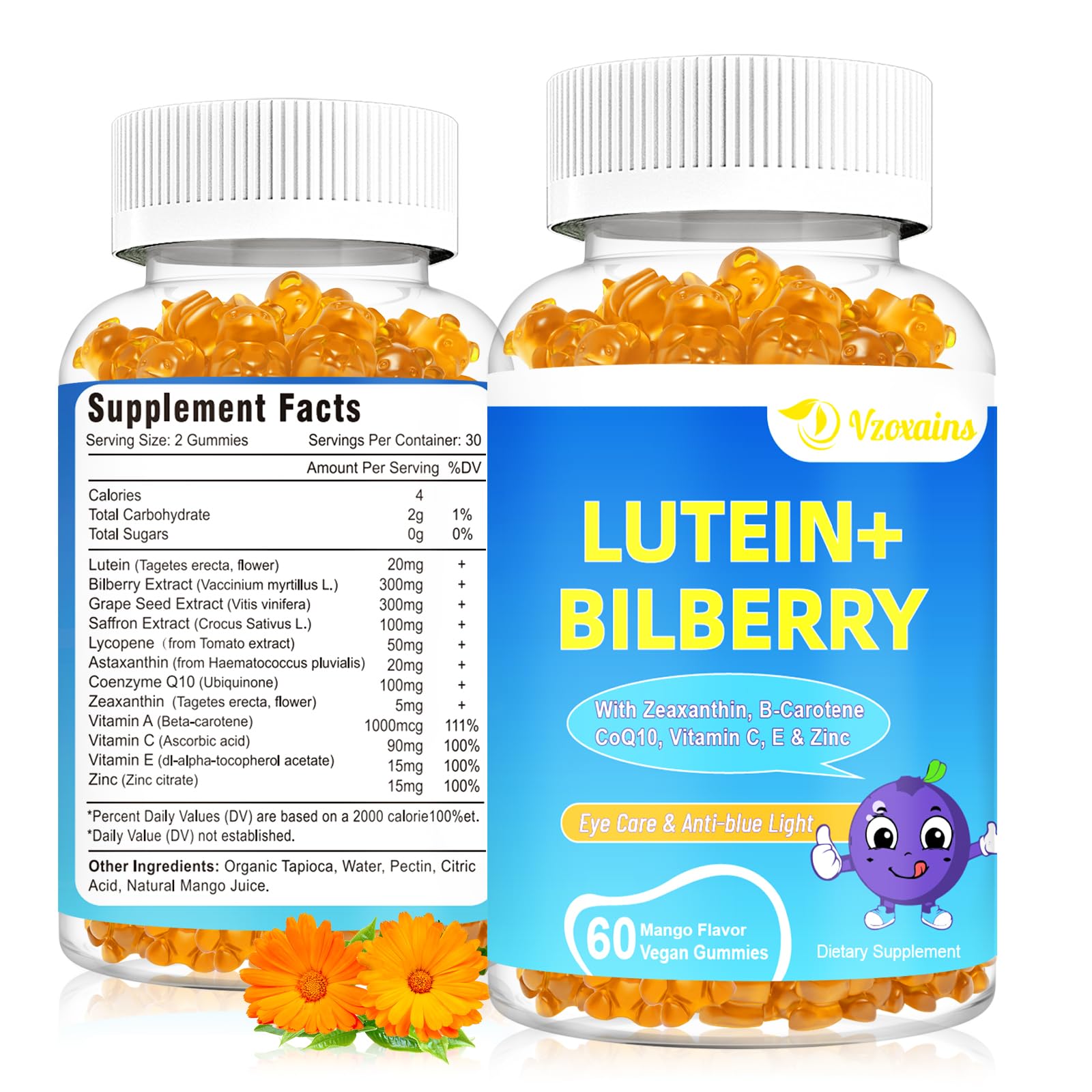 VZOXAINS eye health gummies bottle shown for convenient daily support.
