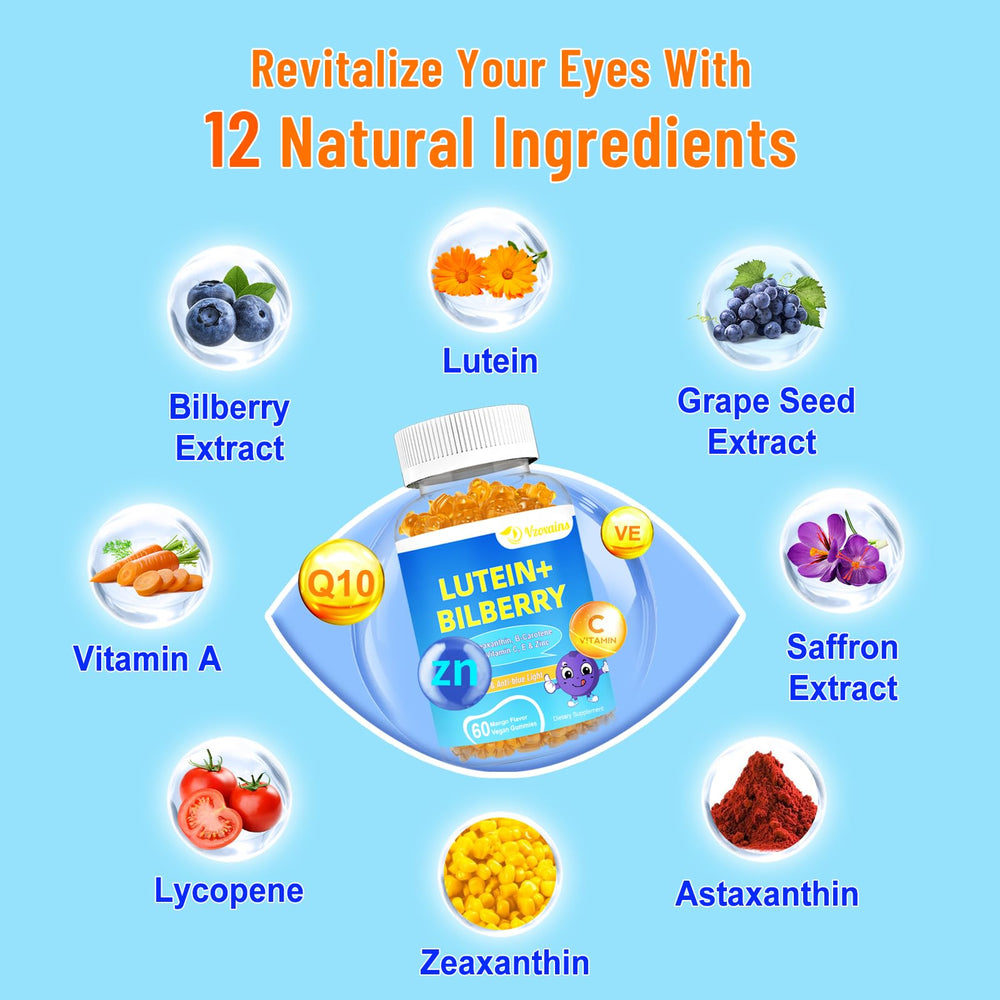 VZOXAINS eye health gummies closeup highlights chewable form and mango flavor.